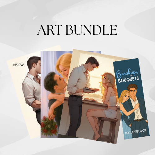 Breakups and Bouquets art bundle by Bailey Black featuring the special edition romcom paperback with sprayed edges and exclusive character art prints
