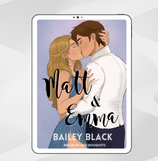 Romantic comedy book cover Breakups and Bouquets by Bailey Black, a fake dating slow-burn romance set around a wedding
