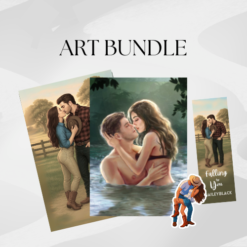 Falling for You art bundle by Bailey Black, featuring the small-town romance paperback with artist cover, sprayed edges, and exclusive character art prints.