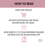 Infographic titled How to Read, showing steps to access ebooks from Bailey Black Books: purchase ebook, receive download link from BookFunnel via email, then send to preferred e-reader or read in the BookFunnel app. Includes shopping cart, email, and e-reader icons.