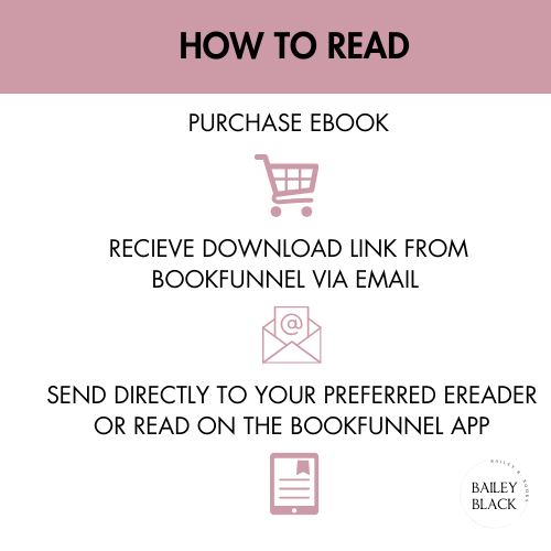 Infographic titled How to Read, showing steps to access ebooks from Bailey Black Books: purchase ebook, receive download link from BookFunnel via email, then send to preferred e-reader or read in the BookFunnel app. Includes shopping cart, email, and e-reader icons.