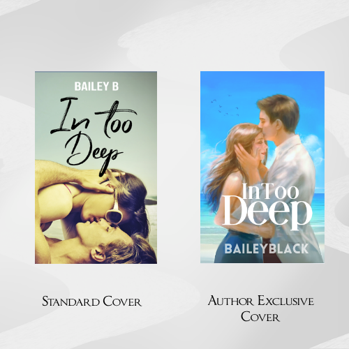 cover options of In Too Deep by Bailey Black, a swoony romcom with fake dating, second chances, and grumpy x sunshine chemistry.